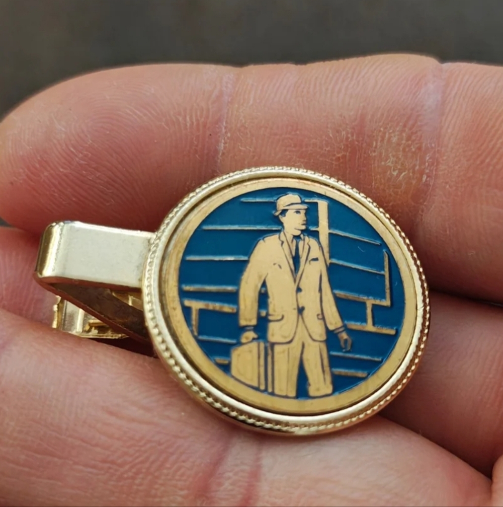 1950s/60s Rare Gold Tone Blue Enamel Man In a Suit Holding a Suitcase Tie Clip